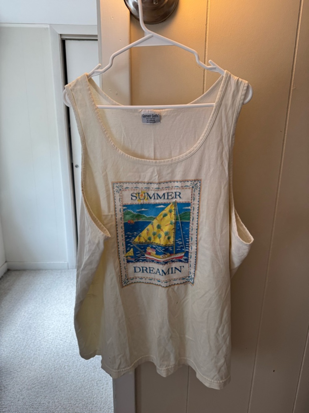 Comfort Colors Cream Muscle Tee with Yellow & Blue Sailboat Graphic